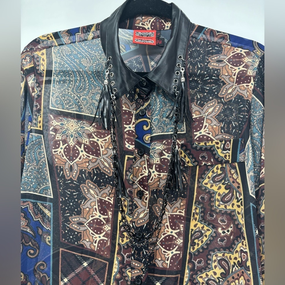 Vtg Simon Chang Collection patchwork print shirt with chains tassels 6 - Picture 3 of 16